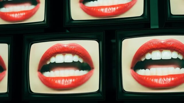 Multiple vintage television screens displaying close-ups of open mouths with vibrant red lipstick and white teeth, creating a repetitive visual pattern.