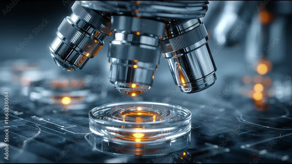 Poster exploring scientific advancements with a modern microscope capturing intricate details of specimens 