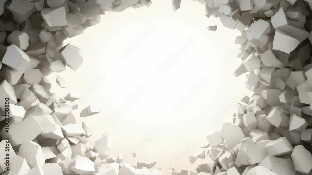 Poster dynamic 3d rendering of a wall breaking, viewed from a central angle. perfect for video effects or c