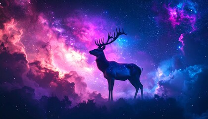 Cosmic Stag Silhouette in Nebula Cloudscape