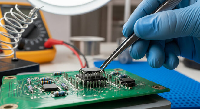 A close-up shot of an electronics technician's gloved hand using tweezers to carefully place an integrated circuit (IC) onto a printed circuit board (PCB)