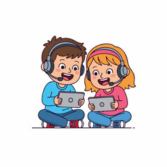 Cheerful Flat Illustration of Children Playing Game on Tablet Technology