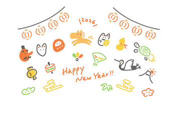 馬と正月とお祭り風の手描きのかわいい和風年賀状　2026  提灯・鶴亀・富士山・松竹梅