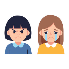 Emotional Spectrum: A split image of two young figures personifying contrasting emotional states – one displaying anger and the other, grief. The minimalistic design accentuates raw emotion.