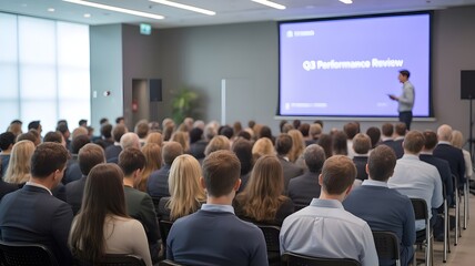 Audience engaged during presentation about business performance review
