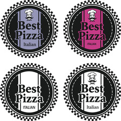 Obraz premium Four circular pizza labels with checkered borders and best pizza text