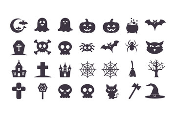 Halloween Icon Set. Collection of spooky flat design silhouette symbols including skull, ghost, bat, spider web, haunted house, jack-o'-lantern pumpkin, and cat. Vector graphic elements for holiday ce