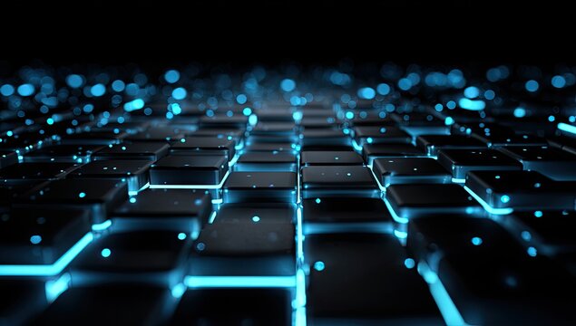 Glowing blue lines illuminate dark, cubic grid