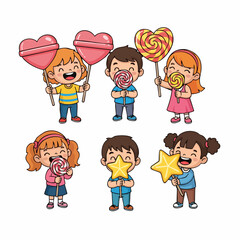 Cute Handdrawn Children Enjoying Colorful Sweet Lollipop Illustration Set