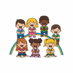 Cute Cartoon Style Group of Diverse Children Eating Ice Cream Illustration