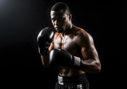 Frican american boxer ready to fight in boxing gloves on black background