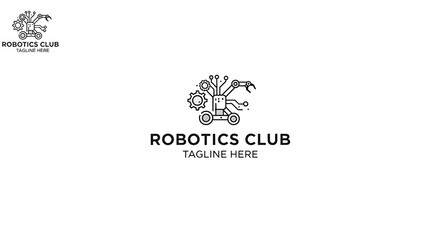A robotics club logo featuring a robot with a gear and robotic arm on a white background with text below it ai generated