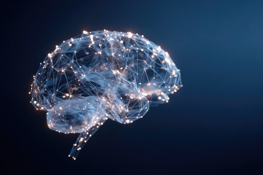 Glowing wireframe brain, neural network concept (1)