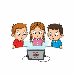 Cartoon Excited Children Watching Something Interesting On Tablet Device Illustration