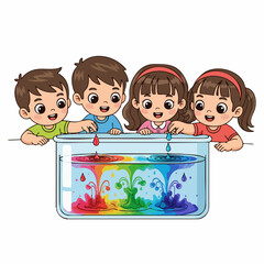 Colorful Cartoon Illustration of Children Doing Science Experiment in Laboratory