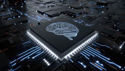 A glowing brain etched onto a central processing unit, nestled within a complex circuit board