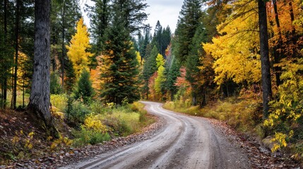 Obraz premium Gravel road stretching into a forest during autumn