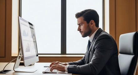 A focused businessman in a suit working diligently at a computer in a modern office.