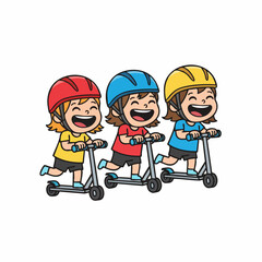 Cartoon Cheerful Children Riding Scooter Wearing Helmet Transportation Illustration