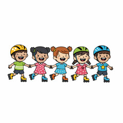 Cartoon Handdrawn Group of Children Skating and Holding Hands Illustration