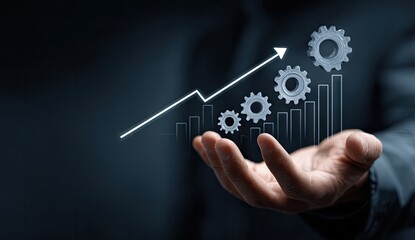 Upward trend graph with gears in hand, signifying growth and progress