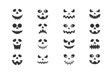 et of Jack o' Lantern Faces. Spooky Halloween pumpkin carving expressions collection. Vector scary, funny, and evil ghost monster face silhouettes isolated on white background.