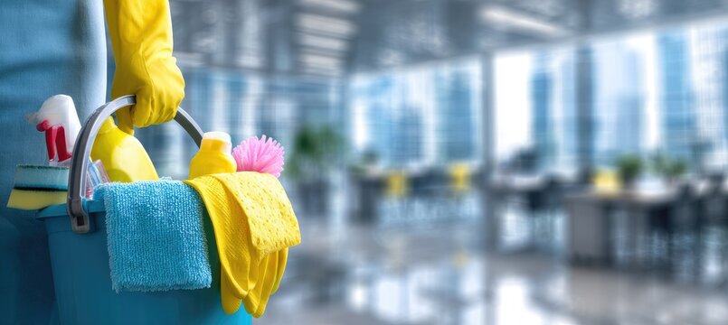 Cleaning supplies in a bucket, ready for work in an office