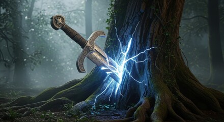 Mythical sword embedded in ancient tree with mystical lightning and enchanted forest setting