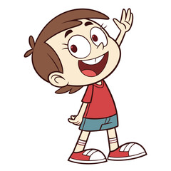 A cartoon child with short brown hair in a small ponytail, wearing a red T‑shirt, blue shorts, striped socks, and red‑and‑white sneakers, smiling and waving one arm.