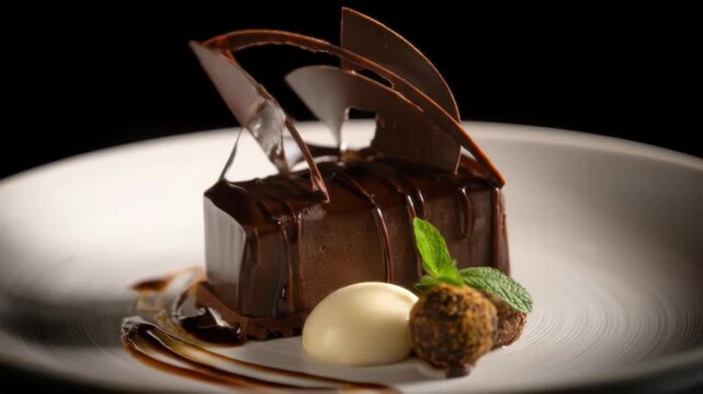 Elegant chocolate dessert on a white plate. A dark chocolate bar is adorned with chocolate accents, mint, and a truffle, garnished with cream