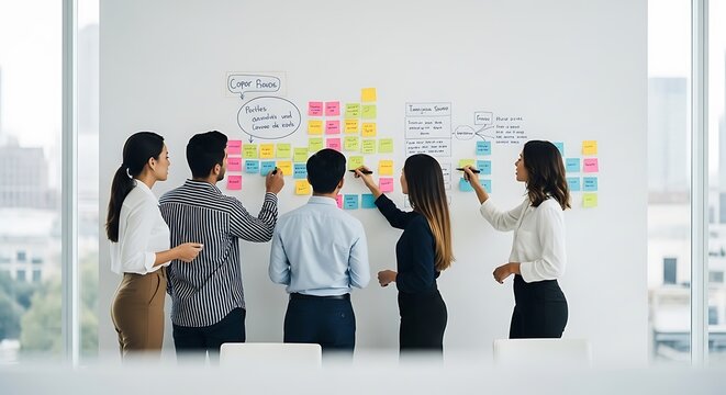 Business team brainstorming session using a whiteboard and sticky notes.