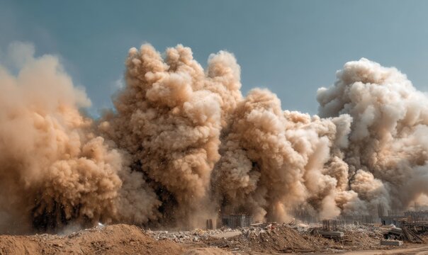 Demolition explosion dust clouds