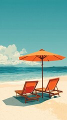Obraz premium beautiful beach with two orange sun loungers under an umbrella, minimalist phone wallpaper