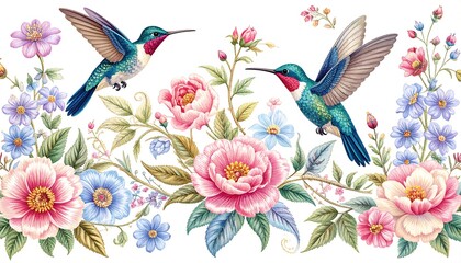 Floral Border with Two Hummingbirds in Flight