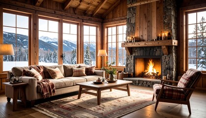 Cozy rustic living room with mountain view