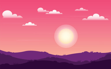 Fototapeta premium a landscape with a pinkish-purple sky at sunset, a few white clouds in the sky and a silhouette of hilly terrain with smooth undulating hills below, made in dark colors.