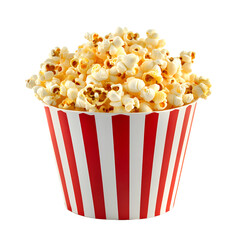 Delicious Popcorn in Red and White Striped Bucket Isolated on White Background
