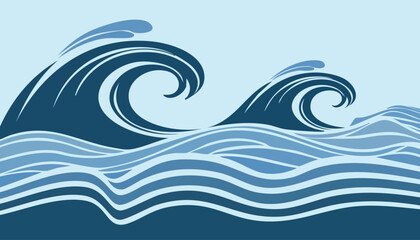 stylized image of waves of the sea with two large curved waves with white splashes on the tops, made in dark blue