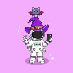 Cute Astronaut Selfie with Phone Wearing Hat Witch and with cute Bat for Halloween Vector Illustration Isolated