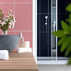 Modern Bathroom Interior with Pink and Dark Grey Tiles
