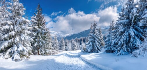 Obraz premium The snow-covered pathway leading through a serene winter landscape.