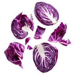 Vibrant Red Cabbage Slices Floating in Air Isolated on White Background