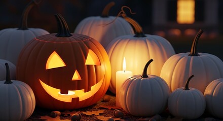 Obraz premium Glowing Jack-o'-lantern Surrounded by White Pumpkins and Candlelight at Night