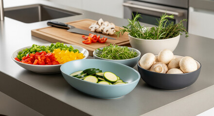 An aesthetically pleasing arrangement of fresh vegetables and ingredients on a modern kitchen counter, ready for meal preparation. The scene features a cutting board with a knife
