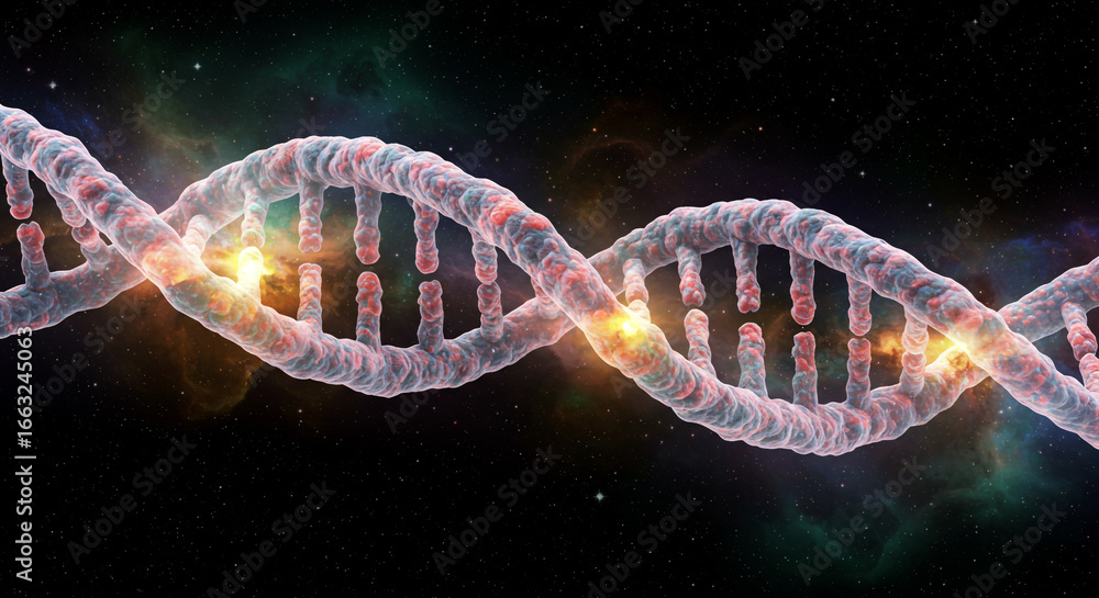 Poster illuminated double helix dna structure in cosmic background