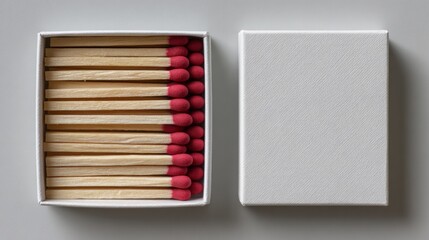 Naklejka premium Box of matches with red tips resting on a white surface, showcasing minimalist design and simple elegance