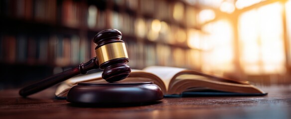 The gavel and open book symbolizing justice and legal principles in a library setting.