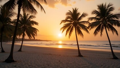 Sunset view of palm trees by tropical beach
