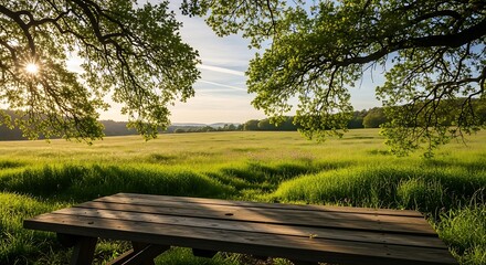Obraz premium Peaceful Picnic Table in a Sunlit Meadow at Golden Hour