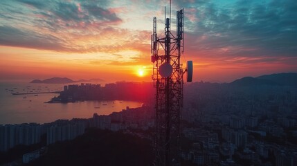 Cityscape sunset with telecommunications tower